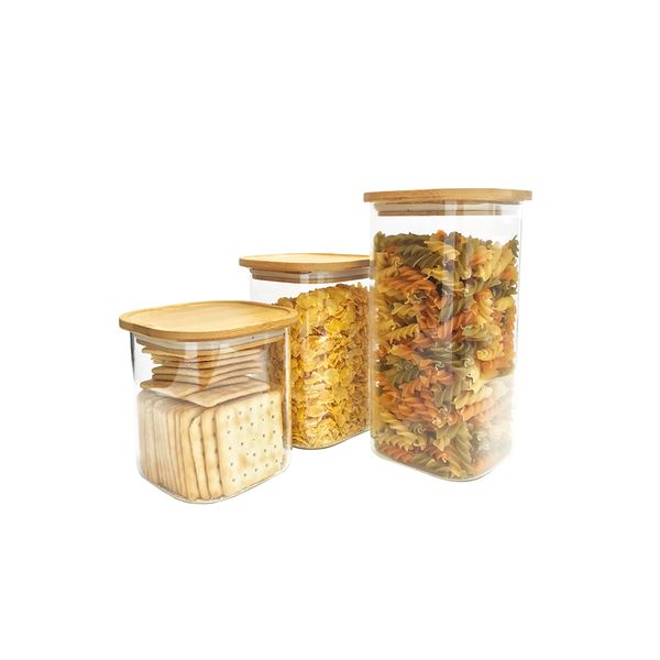 Potes de vidro p/ mantimentos c/ tampa bambu oikos - 3 pçs