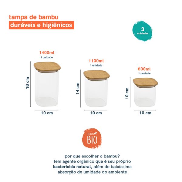 Potes de vidro p/ mantimentos c/ tampa bambu oikos - 3 pçs
