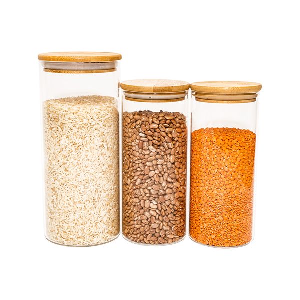 Potes de vidro p/ mantimentos c/ tampa bambu oikos - 3 pçs