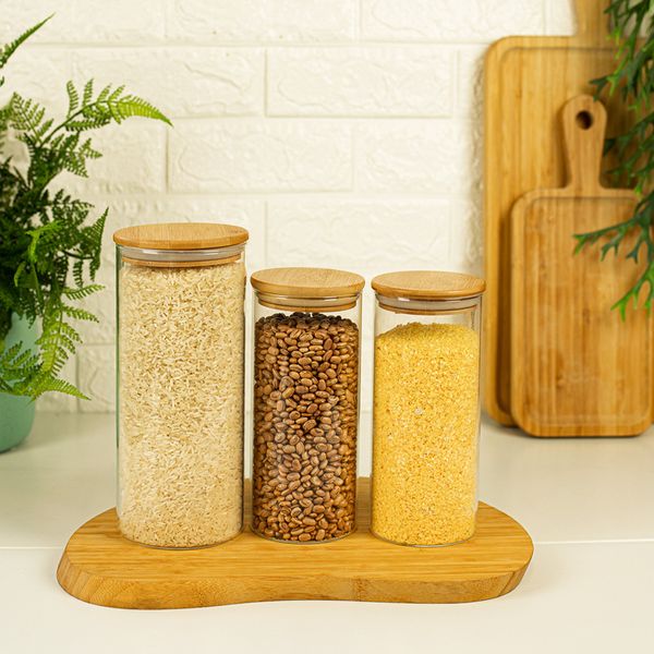 Potes de vidro p/ mantimentos c/ tampa bambu oikos - 3 pçs