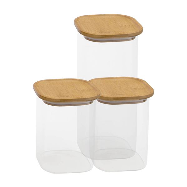 Potes de vidro p/ mantimentos c/ tampa bambu oikos - 3 pçs