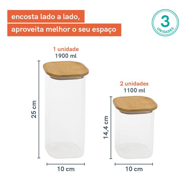Potes de vidro p/ mantimentos c/ tampa bambu oikos - 3 pçs