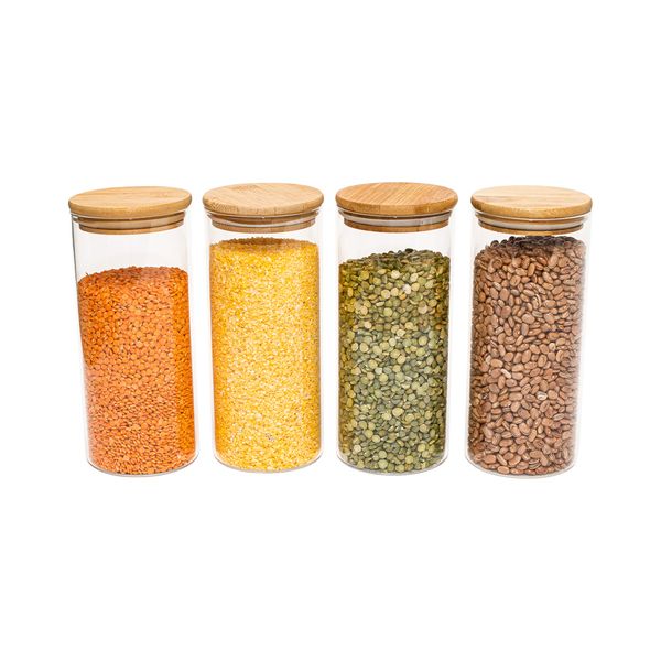 Potes de vidro p/ mantimentos c/ tampa bambu oikos - 4 pçs