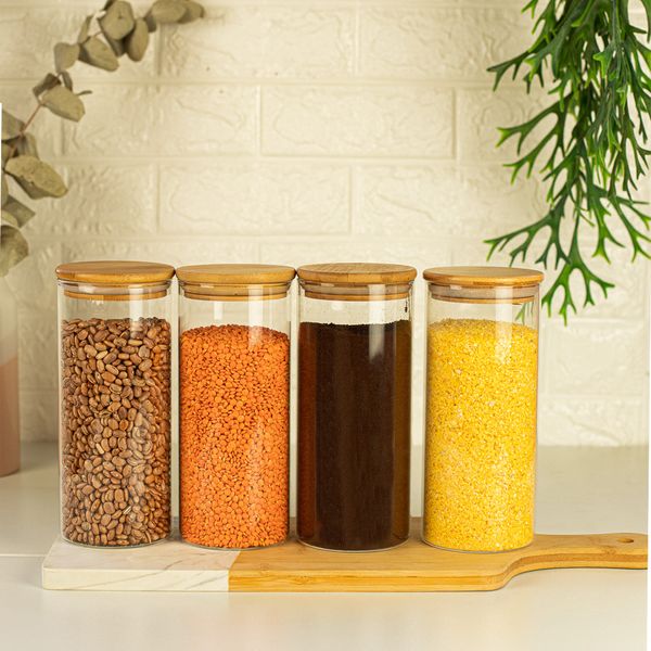Potes de vidro p/ mantimentos c/ tampa bambu oikos - 4 pçs
