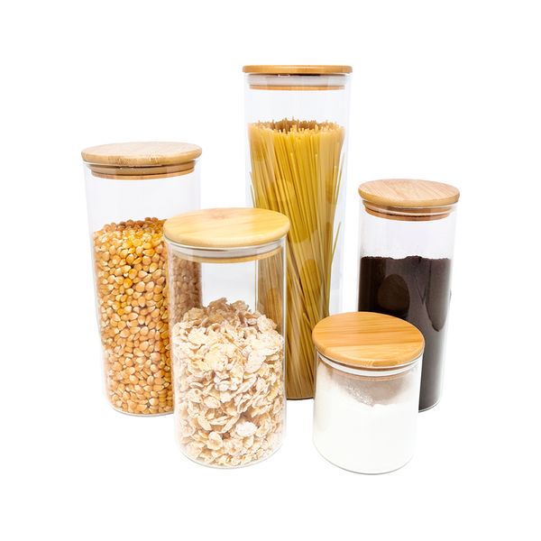 Potes de vidro p/ mantimentos c/ tampa bambu oikos - 5 pçs