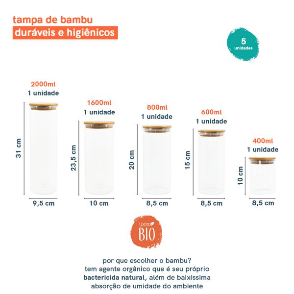 Potes de vidro p/ mantimentos c/ tampa bambu oikos - 5 pçs