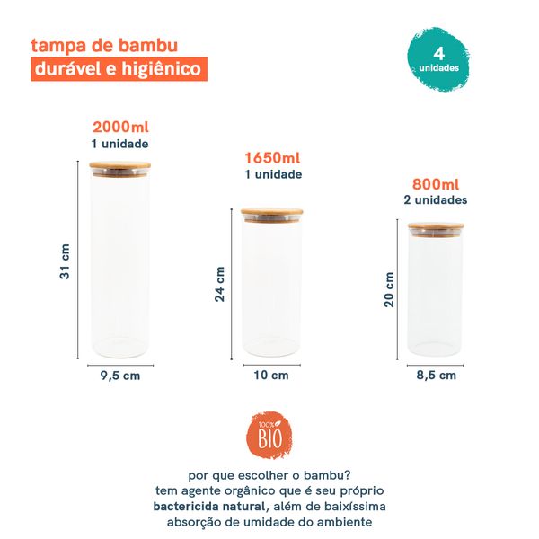 Potes de vidro p/ mantimentos c/ tampa bambu oikos - 4 pçs