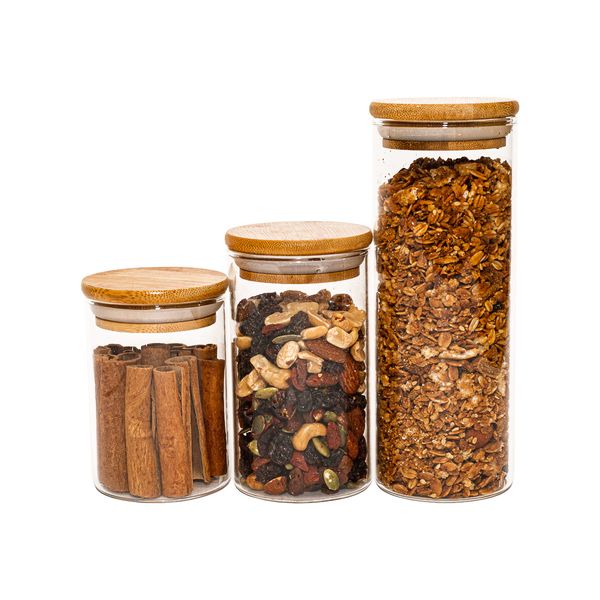Potes de vidro p/ mantimentos c/ tampa bambu oikos - 3 pçs