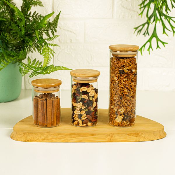 Potes de vidro p/ mantimentos c/ tampa bambu oikos - 3 pçs