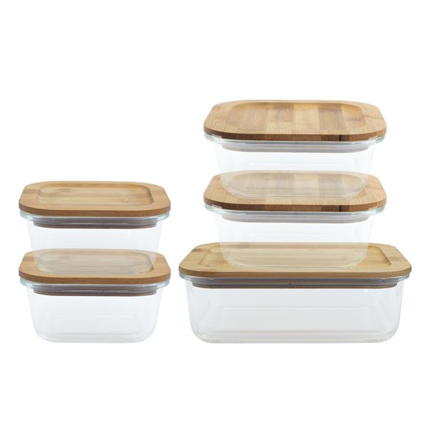 Potes de vidro retangular c/ tampa de bambu oikos - 5 pçs