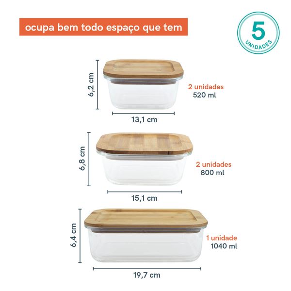 Potes de vidro retangular c/ tampa de bambu oikos - 5 pçs