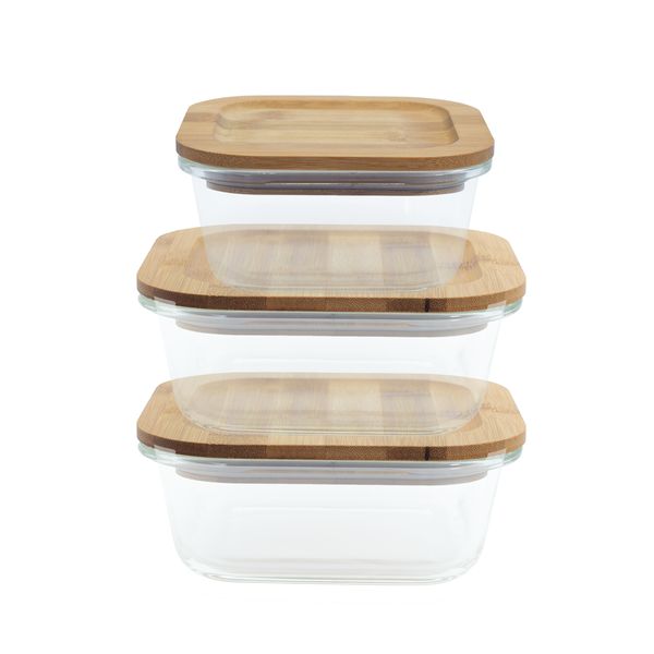 Kit 3 potes de vidro quadrado c/ tampa de bambu - oikos