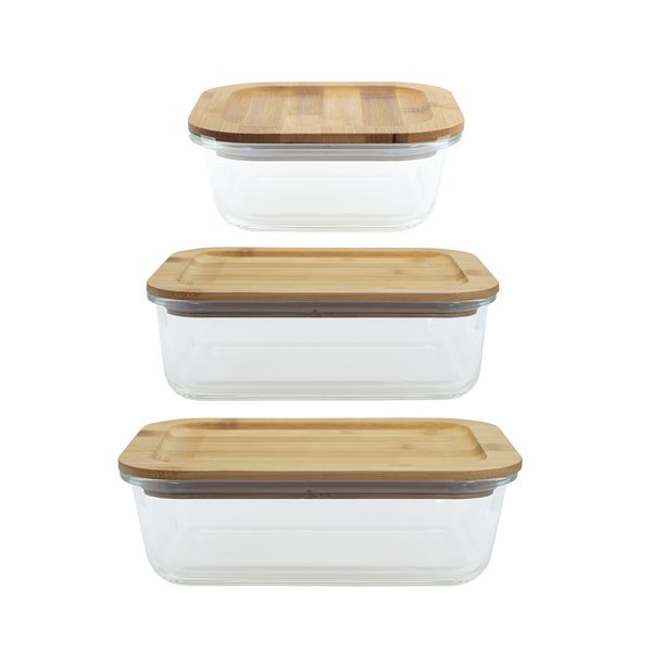 Conjunto 3 potes vidro herméticos c/ tampa de bambu - oikos