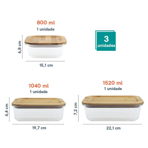 Conjunto 3 potes vidro herméticos c/ tampa de bambu - oikos