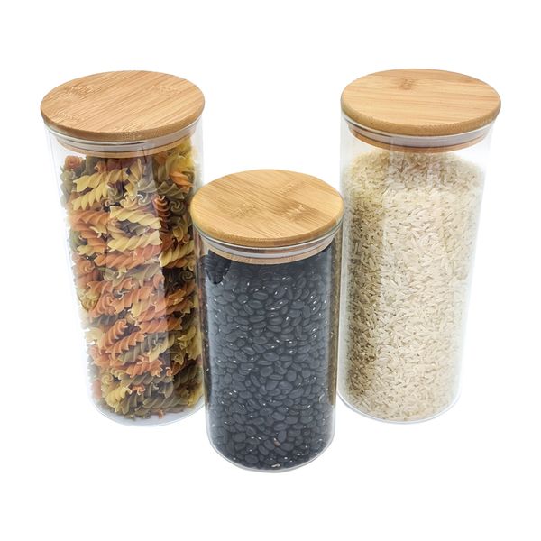 Conjunto 3 potes vidro herméticos c/ tampa de bambu - oikos