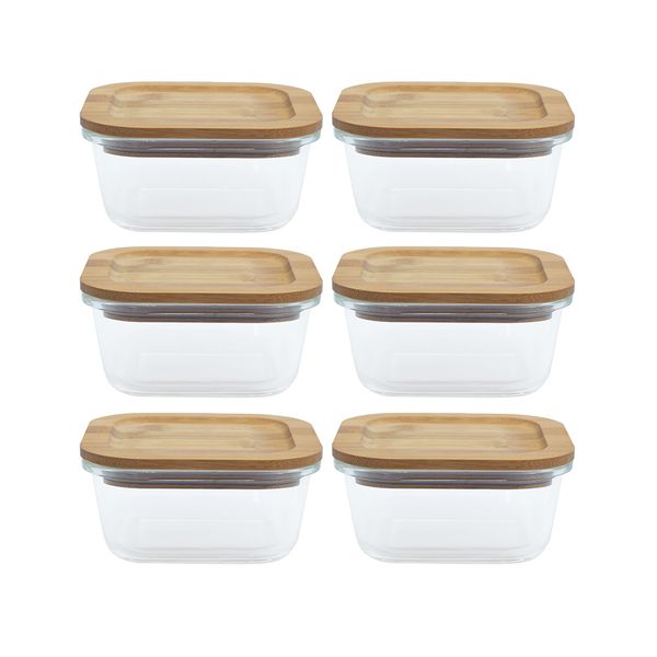 Conjunto 6 potes vidro herméticos c/ tampa de bambu - oikos