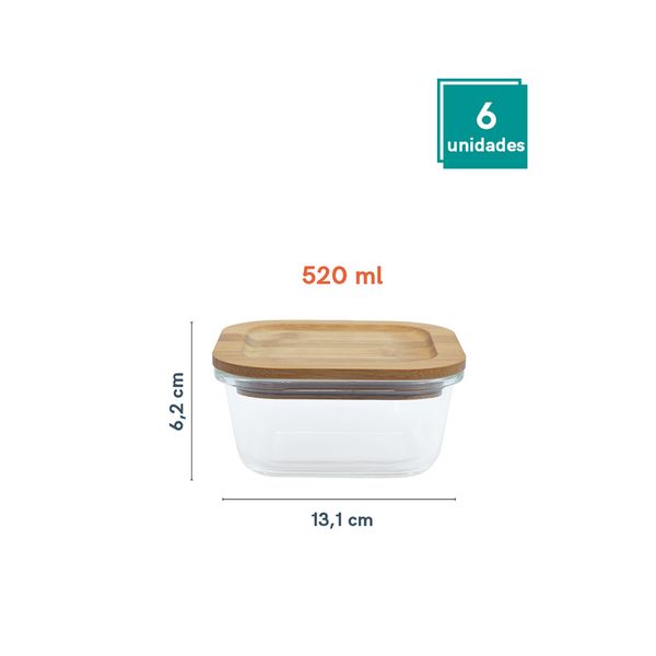 Conjunto 6 potes vidro herméticos c/ tampa de bambu - oikos