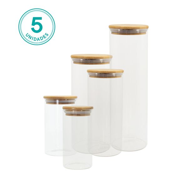 Potes de vidro p/ mantimentos c/ tampa bambu oikos - 5 pçs