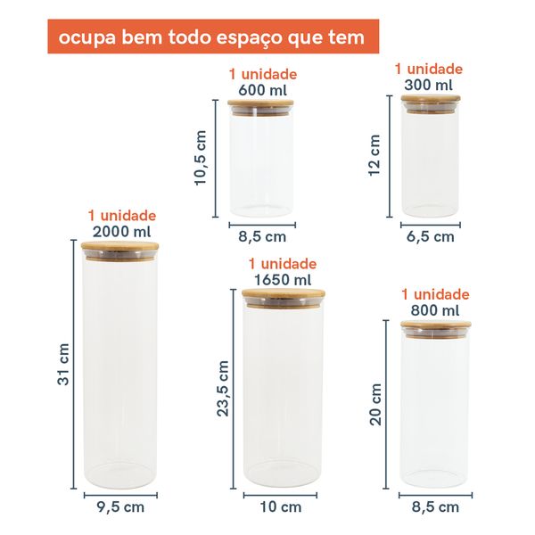 Potes de vidro p/ mantimentos c/ tampa bambu oikos - 5 pçs