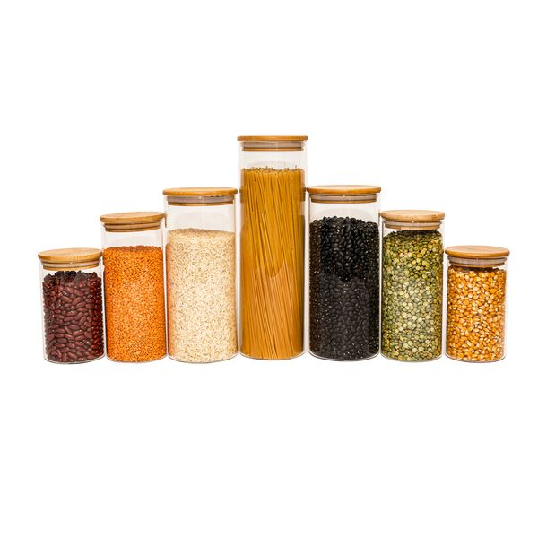 Potes de vidro p/ mantimentos c/ tampa bambu oikos - 7 pçs