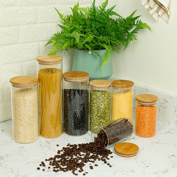 Potes de vidro p/ mantimentos c/ tampa bambu oikos - 7 pçs