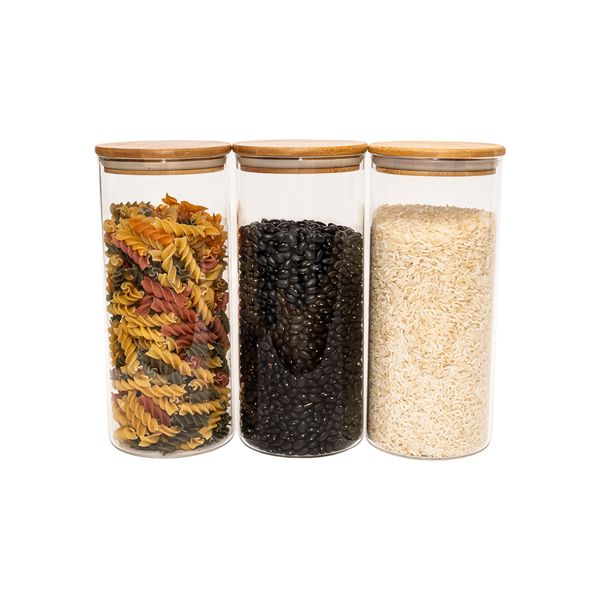 Kit 3 potes de vidro p/ mantimentos 1650ml c/ tampa bambu oikos