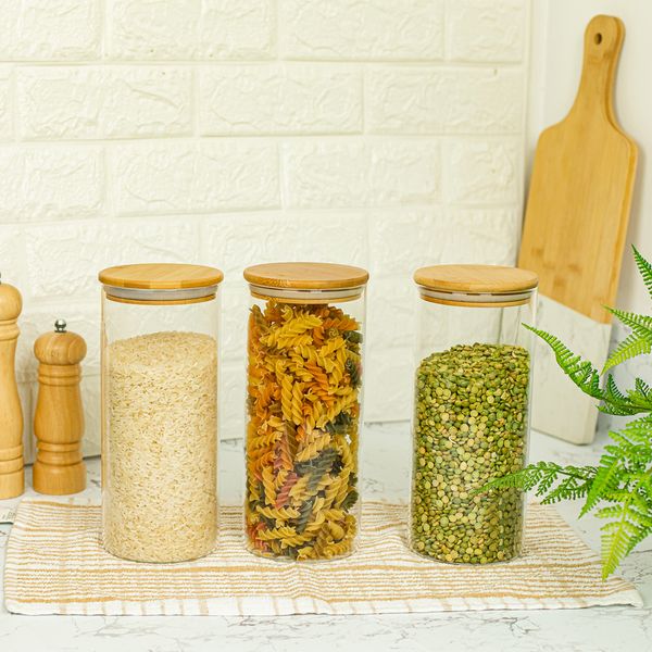 Kit 3 potes de vidro p/ mantimentos 1650ml c/ tampa bambu oikos
