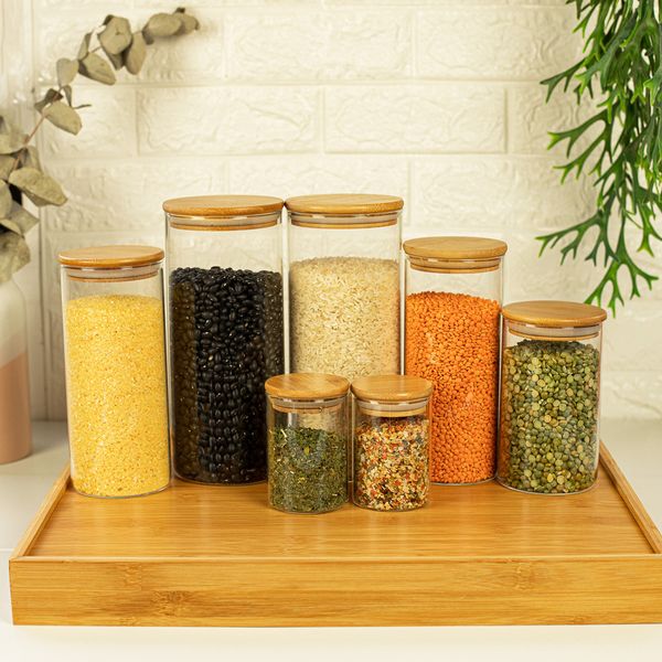 Potes de vidro p/ mantimentos c/ tampa bambu oikos - 7 pçs