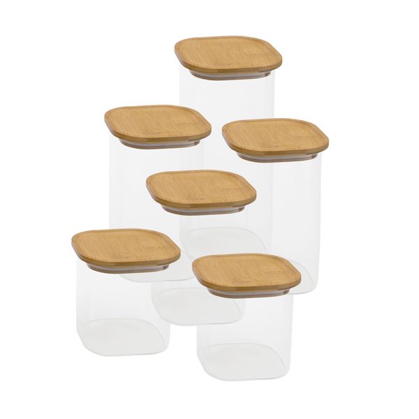 Potes de vidro p/ mantimentos c/ tampa bambu oikos - 6 pçs