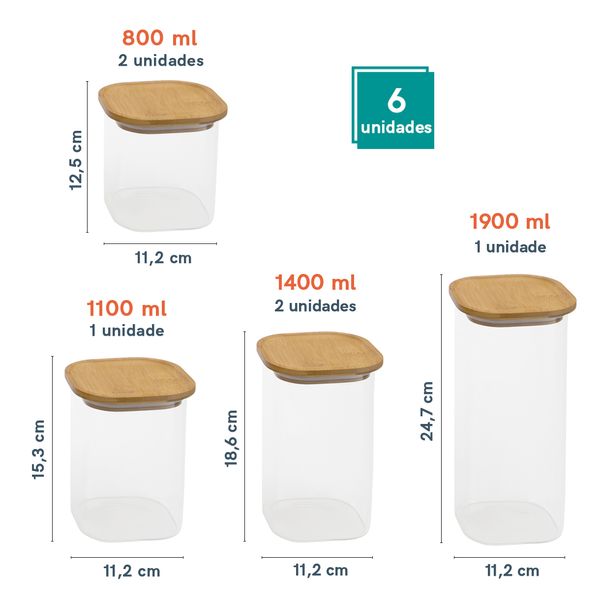 Potes de vidro p/ mantimentos c/ tampa bambu oikos - 6 pçs