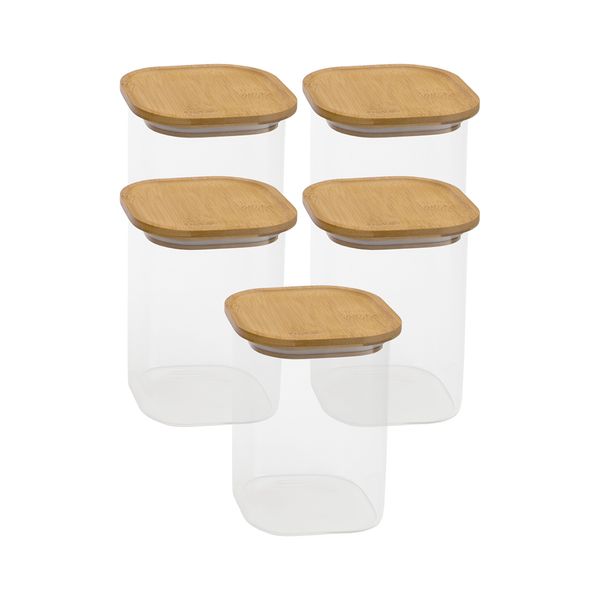 Kit 5 potes de vidro p/ mantimentos 1100ml c/ tampa bambu oikos