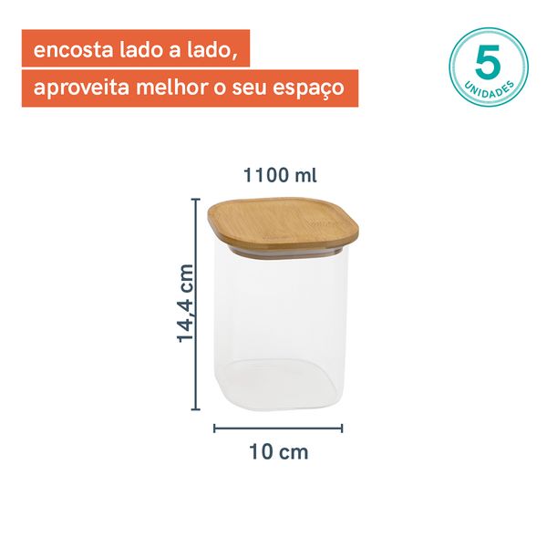 Kit 5 potes de vidro p/ mantimentos 1100ml c/ tampa bambu oikos