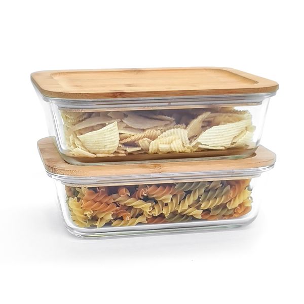 Conjunto 2 potes vidro herméticos c/ tampa de bambu - oikos