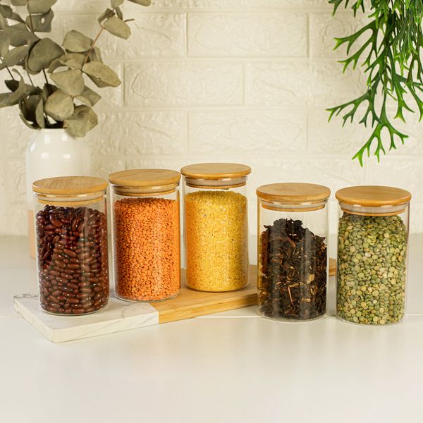 Conjunto 5 potes vidro herméticos c/ tampa de bambu - oikos