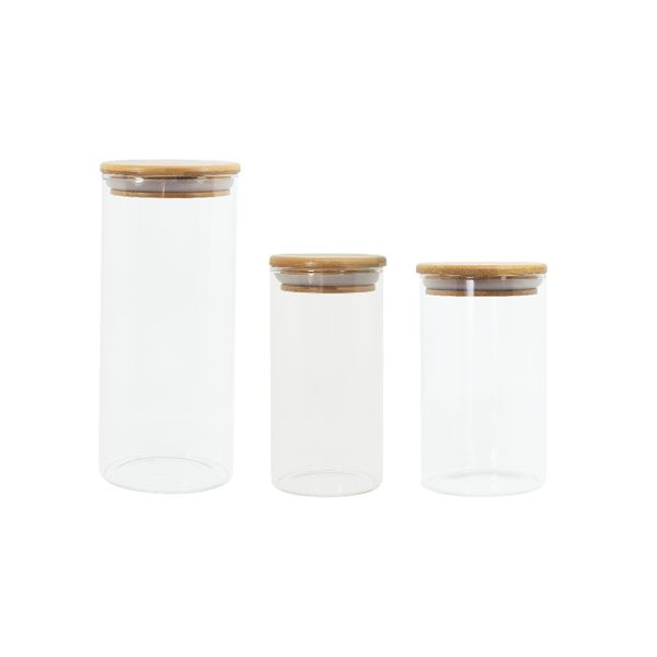 Potes de vidro p/ mantimentos c/ tampa bambu oikos - 3 pçs