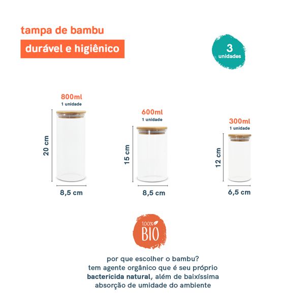 Potes de vidro p/ mantimentos c/ tampa bambu oikos - 3 pçs
