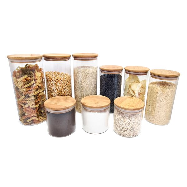 Kit de 9 potes de vidro herméticos tampa de bambu - oikos