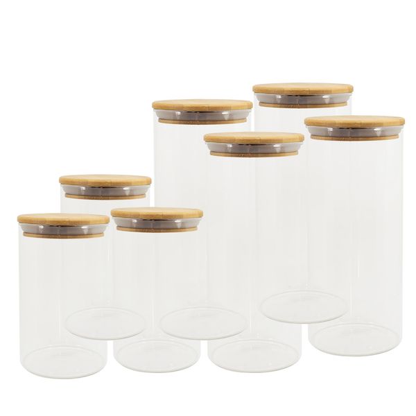 Kit de 7 potes de vidro herméticos tampa de bambu - oikos