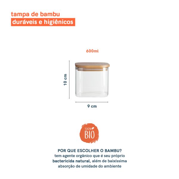 Pote de mantimentos quadrado flat 600ml tampa bambu - oikos