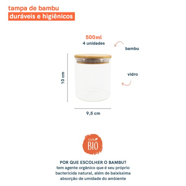 Kit potes 500ml de vidro herméticos tampa de bambu - oikos