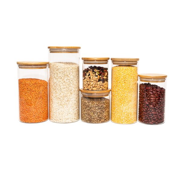 Kit de 6 potes de vidro herméticos tampa de bambu - oikos