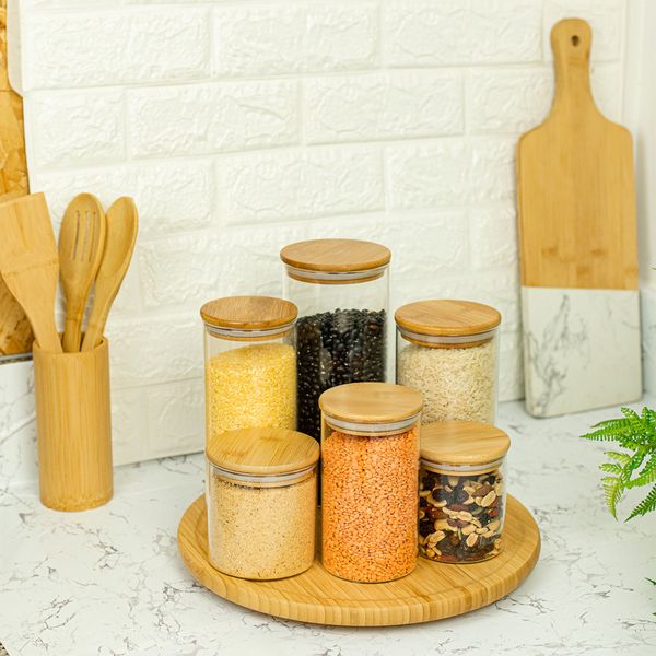 Kit de 6 potes de vidro herméticos tampa de bambu - oikos