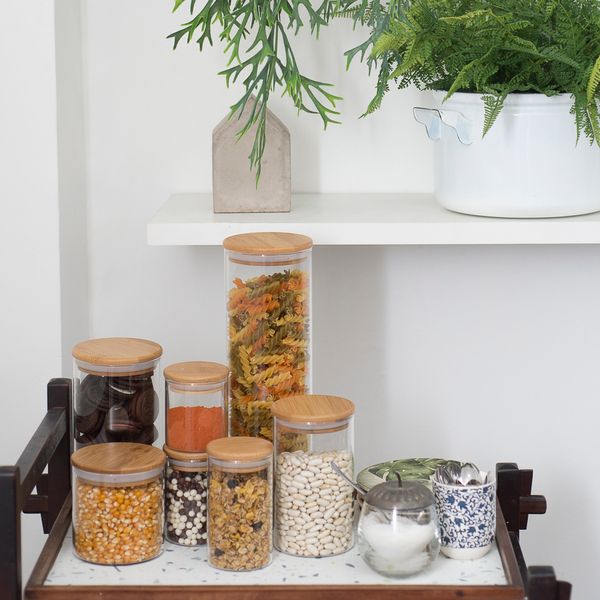 Kit de 6 potes de vidro herméticos tampa de bambu - oikos