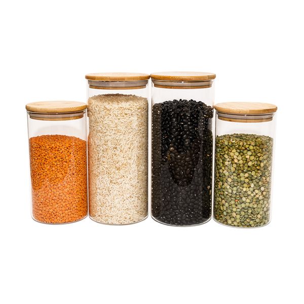 Kit de 4 potes de vidro herméticos tampa de bambu - oikos