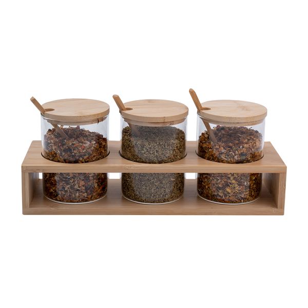 Kit 3 potes de vidro 300ml com tampa, colher e suporte de bambu - oikos