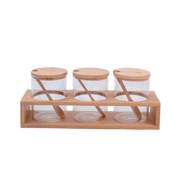 Kit 3 potes de vidro 300ml com tampa, colher e suporte de bambu - oikos