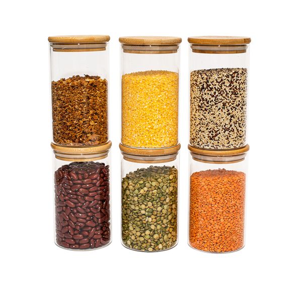 Conjunto de 6 potes herméticos de 600 ml com tampa de bambu oikos