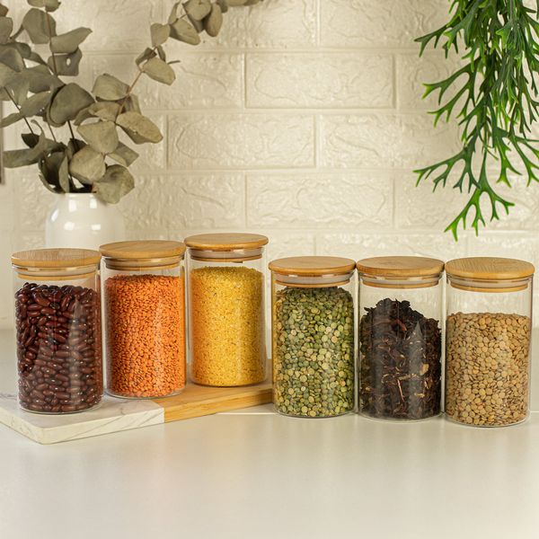 Conjunto de 6 potes herméticos de 600 ml com tampa de bambu oikos