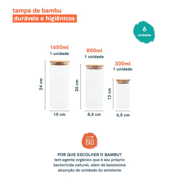 Conjunto de potes herméticos com tampa de bambu - 6 peças oikos