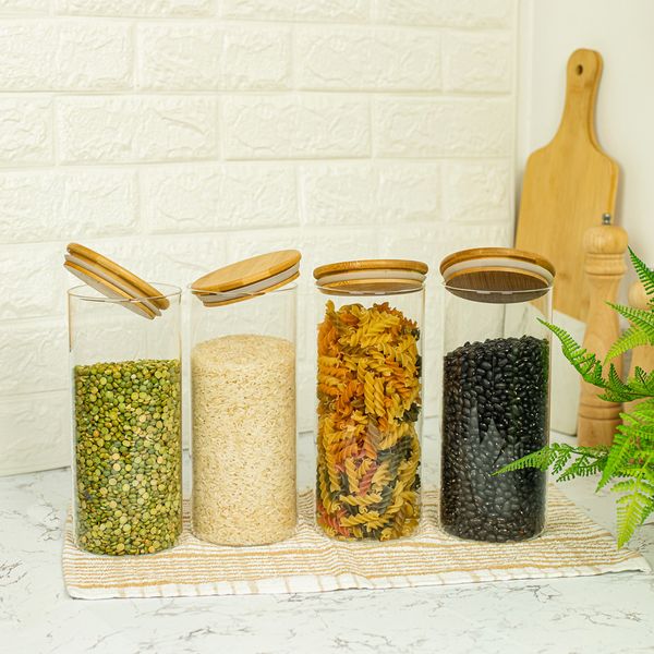 Potes de vidro p/ mantimentos 1650ml c/ tampa bambu - 4 pçs oikos